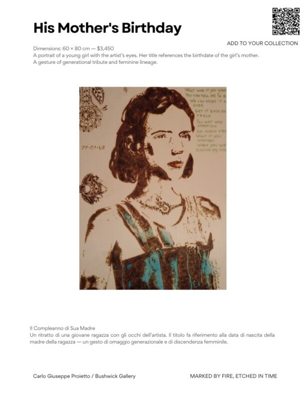Carlo Giuseppe Proietto: “Marked by Fire, Etched in Time”
Pyrography is an art of permanence—an image seared into wood, impossible to erase, much like memory, identity, and emotion. Carlo Giuseppe Proietto takes this ancient technique and transforms it into a modern mythology, where each line is not just drawn but burned into existence. His figures emerge from a stark interplay of light and shadow, geometric precision, and expressive depth, revealing the tensions of the contemporary human experience.  This exhibition, Carlo Giuseppe Proietto “Marked by Fire, Etched in Time,” explores the themes of resilience, transformation, and the inescapable imprints life leaves upon us. Through intricate portraits and symbolic compositions, Proietto captures fleeting emotions with a medium that refuses to fade—stories immortalized in fire.  