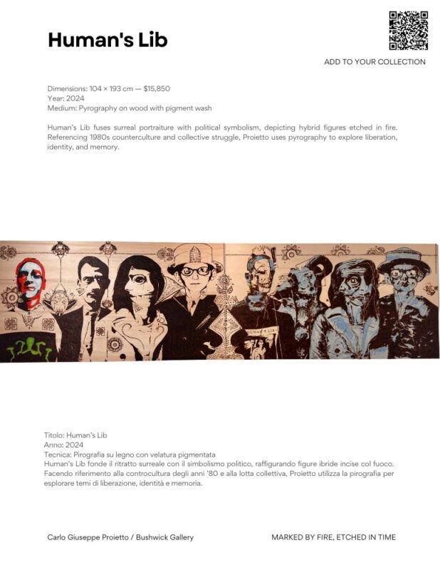 Carlo Giuseppe Proietto: “Marked by Fire, Etched in Time”
Pyrography is an art of permanence—an image seared into wood, impossible to erase, much like memory, identity, and emotion. Carlo Giuseppe Proietto takes this ancient technique and transforms it into a modern mythology, where each line is not just drawn but burned into existence. His figures emerge from a stark interplay of light and shadow, geometric precision, and expressive depth, revealing the tensions of the contemporary human experience.  This exhibition, Carlo Giuseppe Proietto “Marked by Fire, Etched in Time,” explores the themes of resilience, transformation, and the inescapable imprints life leaves upon us. Through intricate portraits and symbolic compositions, Proietto captures fleeting emotions with a medium that refuses to fade—stories immortalized in fire.  