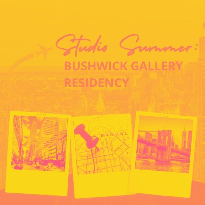 Colorful promotional poster for Bushwick Gallery Residency summer program showcasing urban artwork and cityscapes.