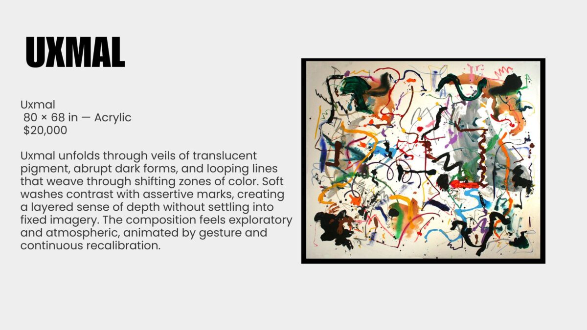 Abstract painting is a language of movement and memory. For over seven decades, Ray Rogers has translated rhythm, music, and atmosphere into sweeping gestures across monumental canvases. Each work is the record of an event rather than its illustration, capturing the precise moment when thought meets motion. This exhibition, Ray Rogers Gesture in Time, brings together paintings shaped by a lifetime of dedication to Abstract Expressionism and inventionism. Rogers rejects preconception, working directly on the canvas with a physicality that mirrors the improvisational flow of music. His works are both immediate and enduring, revealing an artist fully immersed in the act of creation.