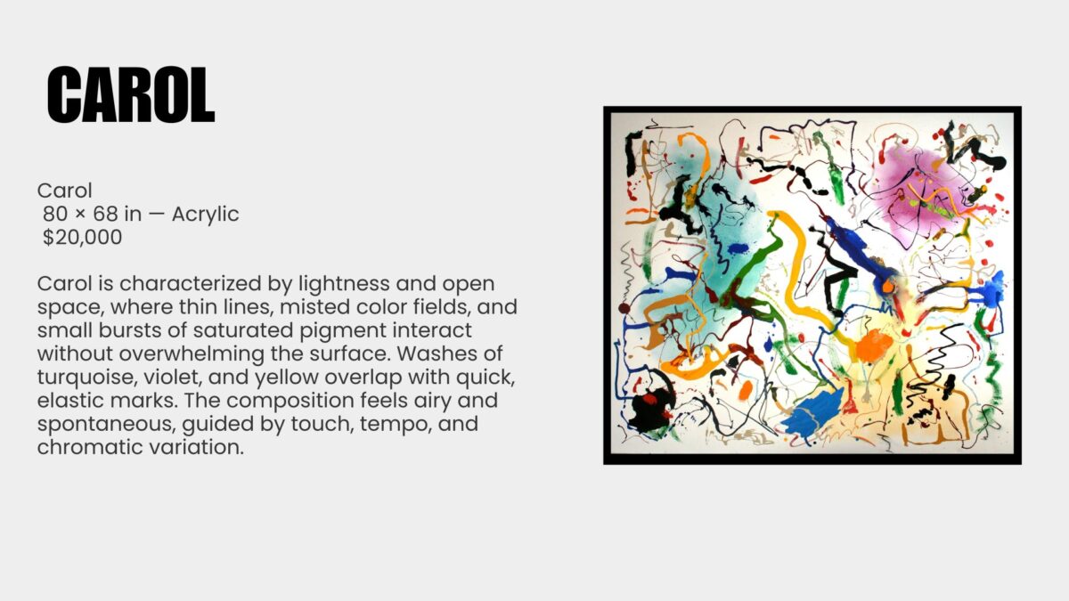 Abstract painting is a language of movement and memory. For over seven decades, Ray Rogers has translated rhythm, music, and atmosphere into sweeping gestures across monumental canvases. Each work is the record of an event rather than its illustration, capturing the precise moment when thought meets motion. This exhibition, Ray Rogers Gesture in Time, brings together paintings shaped by a lifetime of dedication to Abstract Expressionism and inventionism. Rogers rejects preconception, working directly on the canvas with a physicality that mirrors the improvisational flow of music. His works are both immediate and enduring, revealing an artist fully immersed in the act of creation.