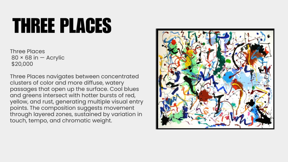 Abstract painting is a language of movement and memory. For over seven decades, Ray Rogers has translated rhythm, music, and atmosphere into sweeping gestures across monumental canvases. Each work is the record of an event rather than its illustration, capturing the precise moment when thought meets motion. This exhibition, Ray Rogers Gesture in Time, brings together paintings shaped by a lifetime of dedication to Abstract Expressionism and inventionism. Rogers rejects preconception, working directly on the canvas with a physicality that mirrors the improvisational flow of music. His works are both immediate and enduring, revealing an artist fully immersed in the act of creation.