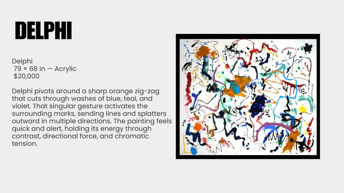 Abstract painting is a language of movement and memory. For over seven decades, Ray Rogers has translated rhythm, music, and atmosphere into sweeping gestures across monumental canvases. Each work is the record of an event rather than its illustration, capturing the precise moment when thought meets motion. This exhibition, Ray Rogers Gesture in Time, brings together paintings shaped by a lifetime of dedication to Abstract Expressionism and inventionism. Rogers rejects preconception, working directly on the canvas with a physicality that mirrors the improvisational flow of music. His works are both immediate and enduring, revealing an artist fully immersed in the act of creation.