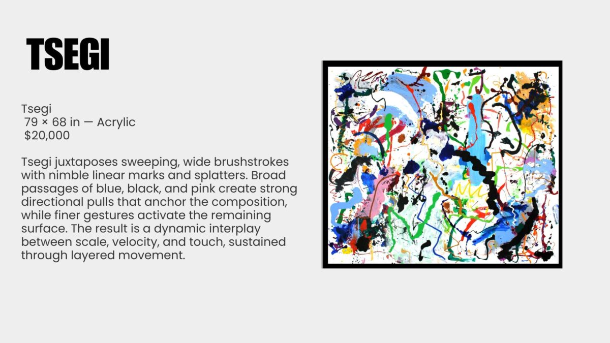 Abstract painting is a language of movement and memory. For over seven decades, Ray Rogers has translated rhythm, music, and atmosphere into sweeping gestures across monumental canvases. Each work is the record of an event rather than its illustration, capturing the precise moment when thought meets motion. This exhibition, Ray Rogers Gesture in Time, brings together paintings shaped by a lifetime of dedication to Abstract Expressionism and inventionism. Rogers rejects preconception, working directly on the canvas with a physicality that mirrors the improvisational flow of music. His works are both immediate and enduring, revealing an artist fully immersed in the act of creation.