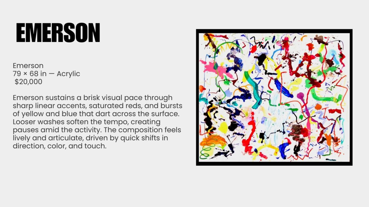 Abstract painting is a language of movement and memory. For over seven decades, Ray Rogers has translated rhythm, music, and atmosphere into sweeping gestures across monumental canvases. Each work is the record of an event rather than its illustration, capturing the precise moment when thought meets motion. This exhibition, Ray Rogers Gesture in Time, brings together paintings shaped by a lifetime of dedication to Abstract Expressionism and inventionism. Rogers rejects preconception, working directly on the canvas with a physicality that mirrors the improvisational flow of music. His works are both immediate and enduring, revealing an artist fully immersed in the act of creation.