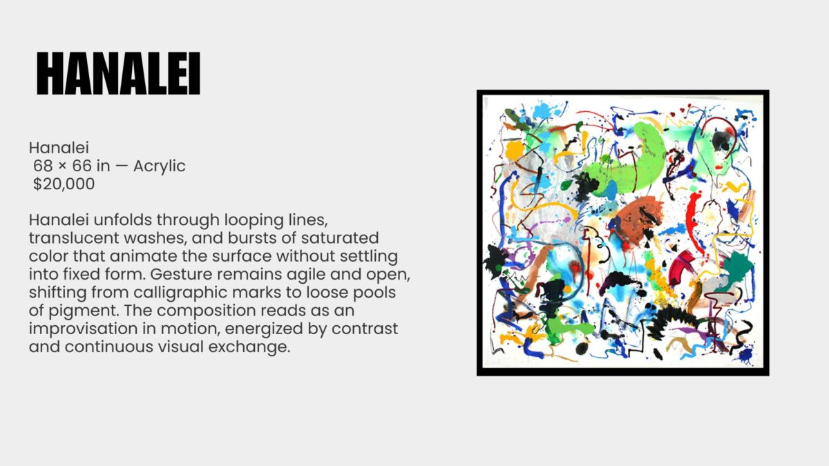 Abstract painting is a language of movement and memory. For over seven decades, Ray Rogers has translated rhythm, music, and atmosphere into sweeping gestures across monumental canvases. Each work is the record of an event rather than its illustration, capturing the precise moment when thought meets motion. This exhibition, Ray Rogers Gesture in Time, brings together paintings shaped by a lifetime of dedication to Abstract Expressionism and inventionism. Rogers rejects preconception, working directly on the canvas with a physicality that mirrors the improvisational flow of music. His works are both immediate and enduring, revealing an artist fully immersed in the act of creation.