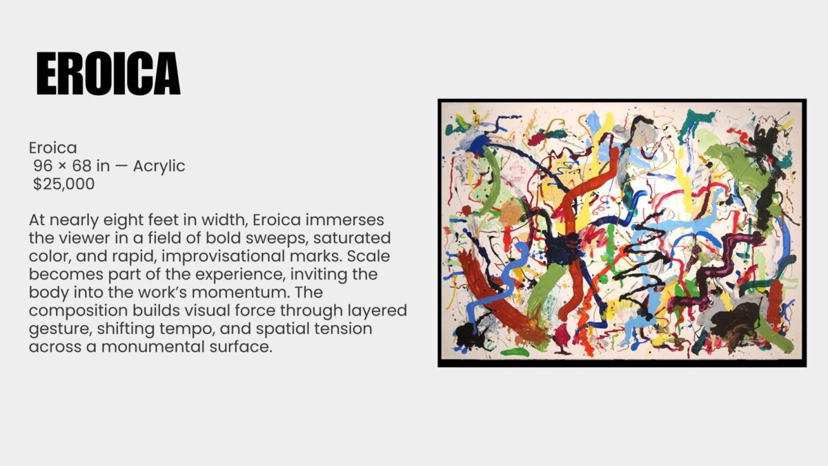 Abstract painting is a language of movement and memory. For over seven decades, Ray Rogers has translated rhythm, music, and atmosphere into sweeping gestures across monumental canvases. Each work is the record of an event rather than its illustration, capturing the precise moment when thought meets motion. This exhibition, Ray Rogers Gesture in Time, brings together paintings shaped by a lifetime of dedication to Abstract Expressionism and inventionism. Rogers rejects preconception, working directly on the canvas with a physicality that mirrors the improvisational flow of music. His works are both immediate and enduring, revealing an artist fully immersed in the act of creation.