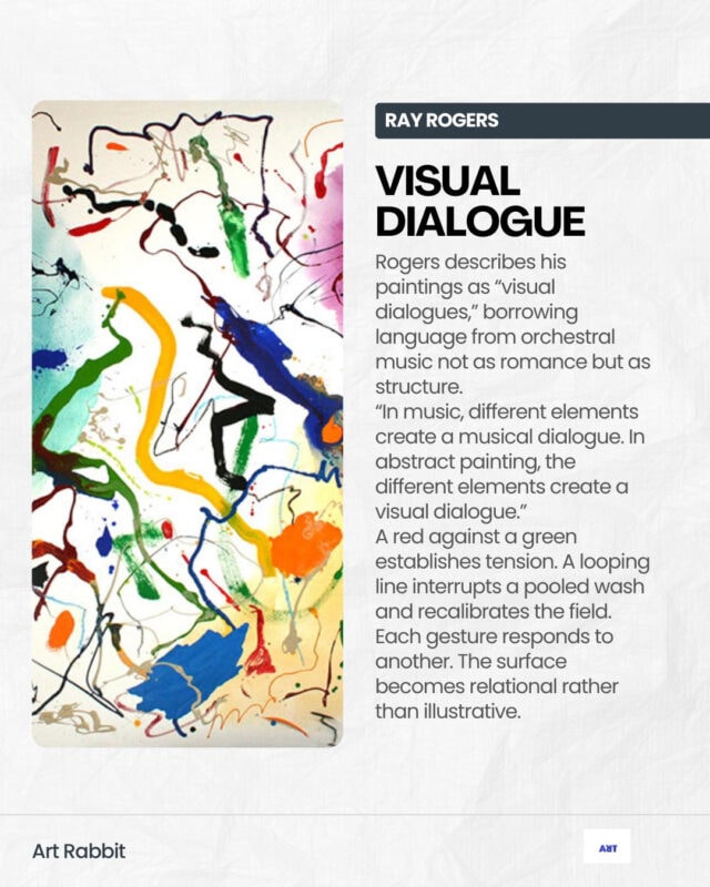 Abstract painting is a language of movement and memory. For over seven decades, Ray Rogers has translated rhythm, music, and atmosphere into sweeping gestures across monumental canvases. Each work is the record of an event rather than its illustration, capturing the precise moment when thought meets motion.  This exhibition, Ray Rogers Gesture in Time, brings together paintings shaped by a lifetime of dedication to Abstract Expressionism and inventionism. Rogers rejects preconception, working directly on the canvas with a physicality that mirrors the improvisational flow of music. His works are both immediate and enduring, revealing an artist fully immersed in the act of creation.
